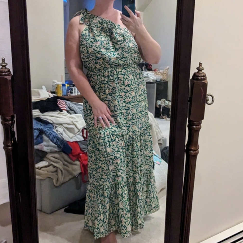 Women's Floral Summer Dress One Shoulder Ruffle Hem Green Floral Size XL